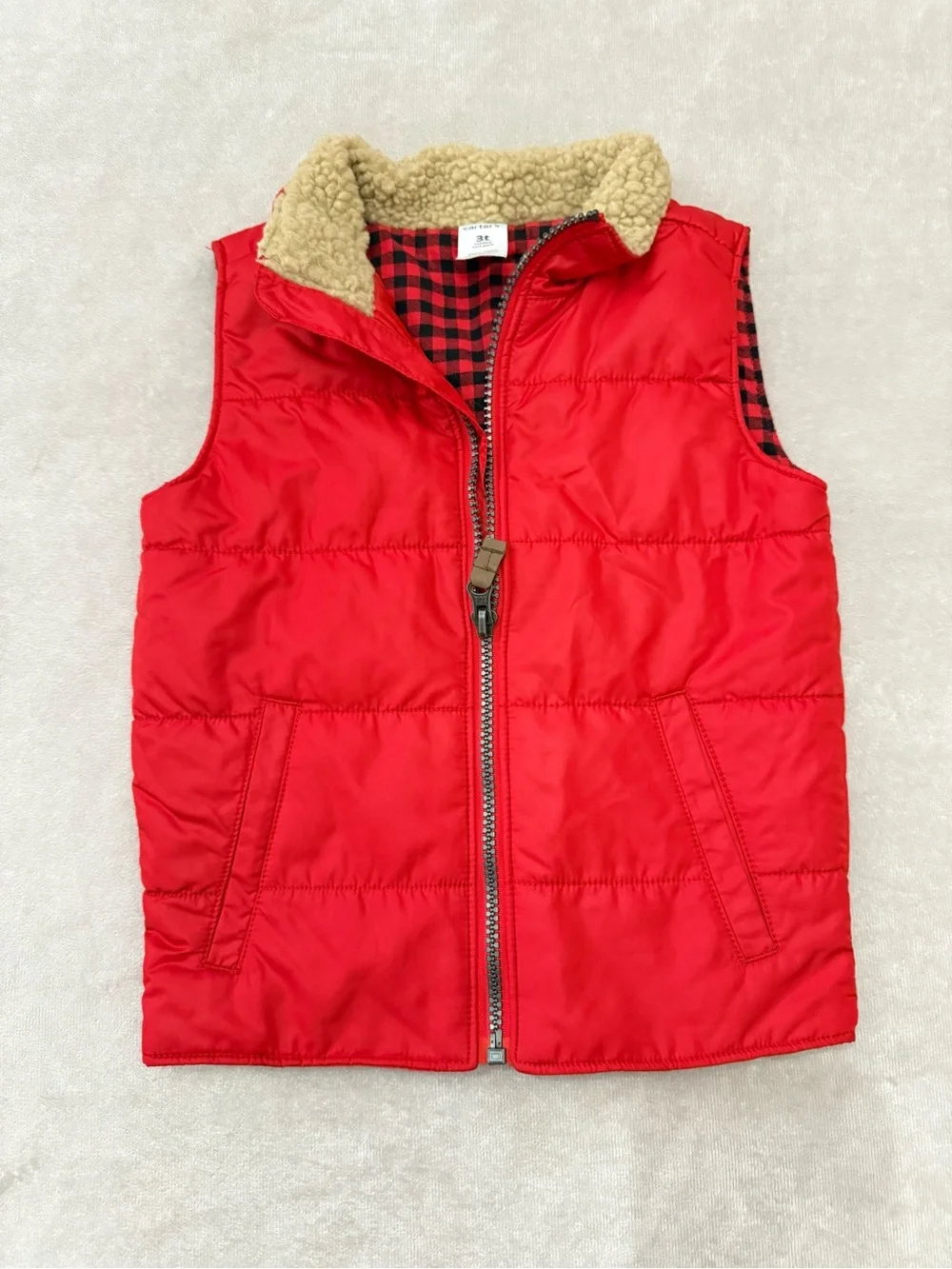 Carter's Red Puffer Vest Sherpa Collar Buffalo Plaid Lined Toddler 3T NWOT